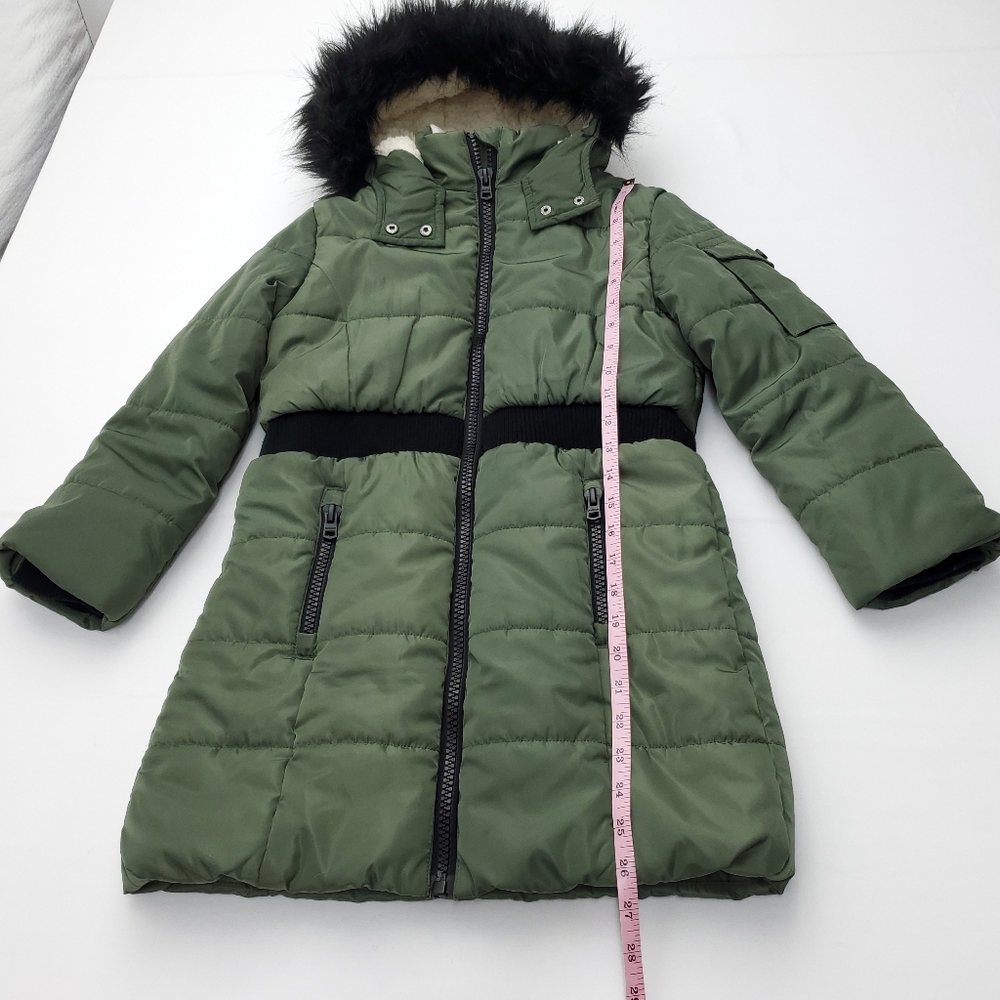 Hudson Girl’s Puffer Insulated Long Winter Green Coat Faux Fur Hoodie Lining S/7 - Picture 6 of 8